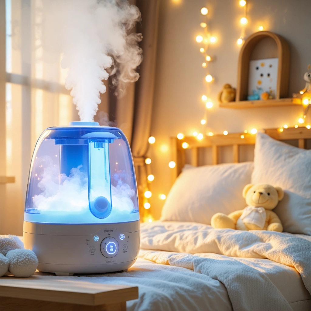 Un humidificateur émettant de la brume dans une chambre de bébé joliment aménagée avec des décorations douces.