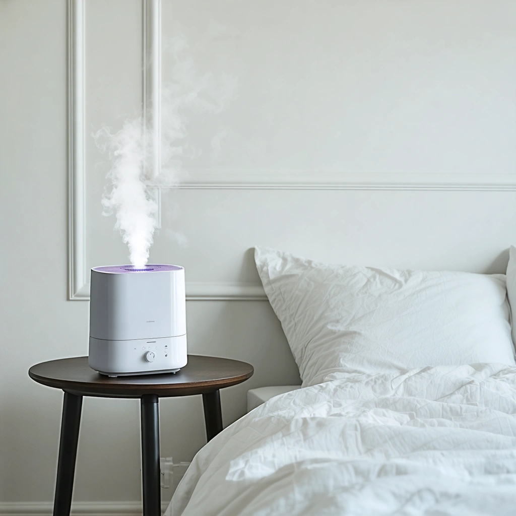 Une chambre moderne avec un humidificateur posé sur une table stable, éloigné du lit et des murs, diffusant une légère brume dans un environnement paisible et lumineux.