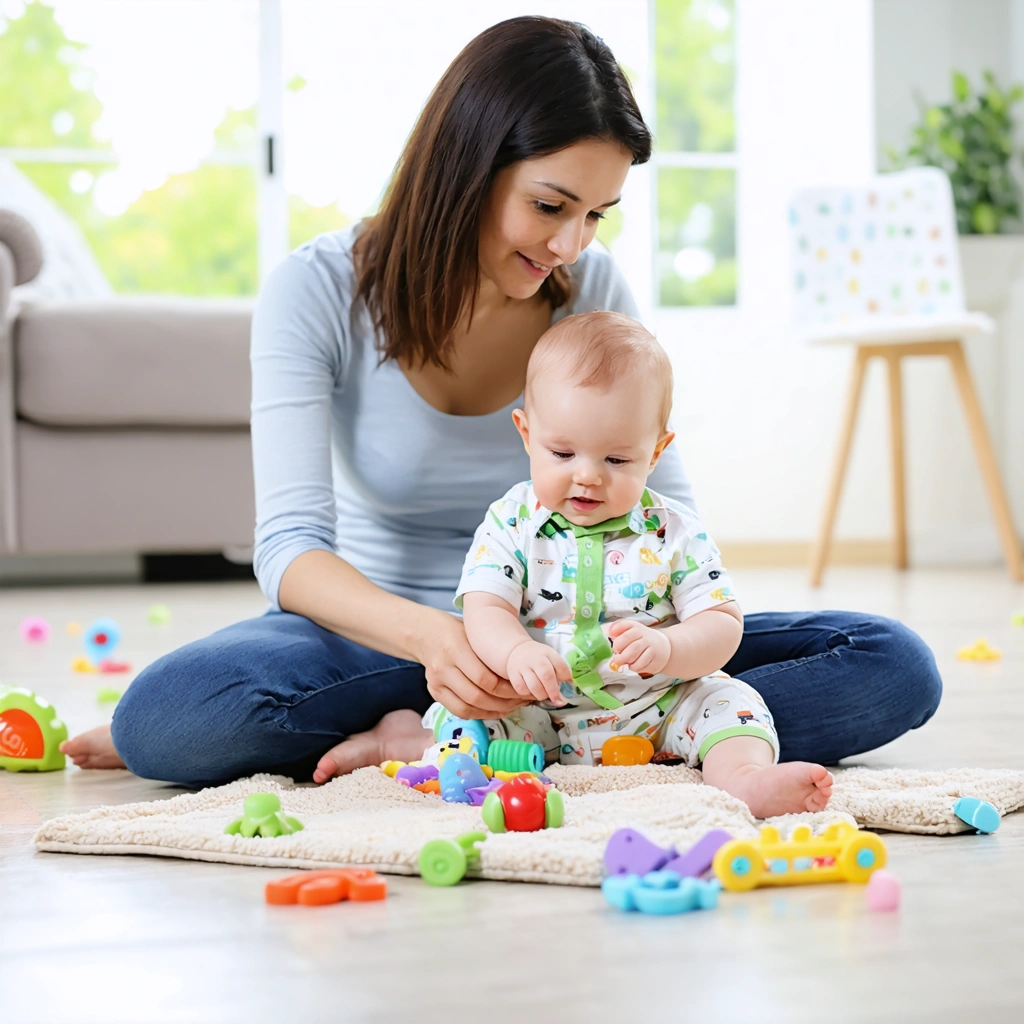 Maman jouant avec son bébé de 3 mois sur un tapis d’éveil coloré avec des jouets sensoriels.