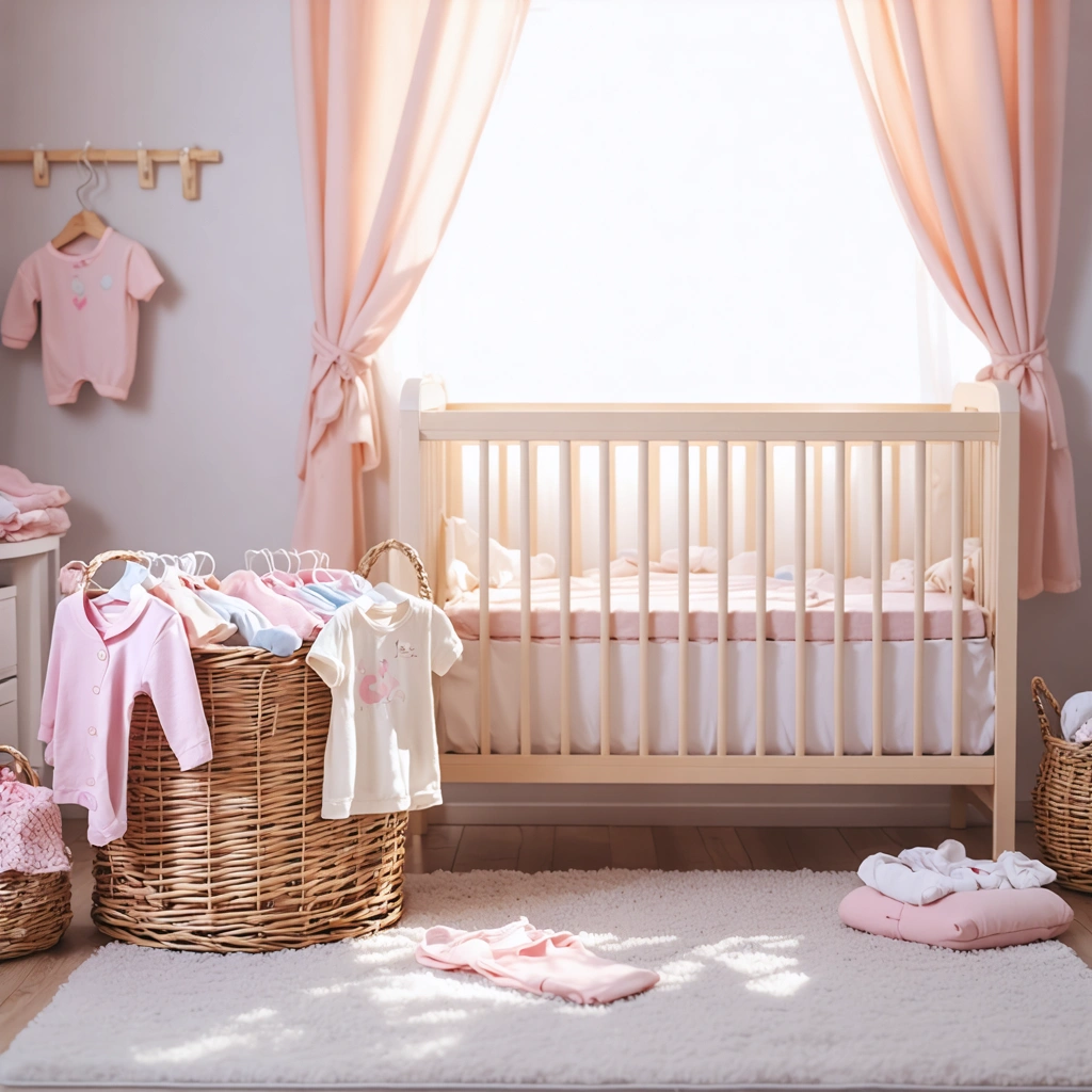 Une chambre de bébé avec un panier de linge rempli de vêtements propres, baignée de lumière douce.