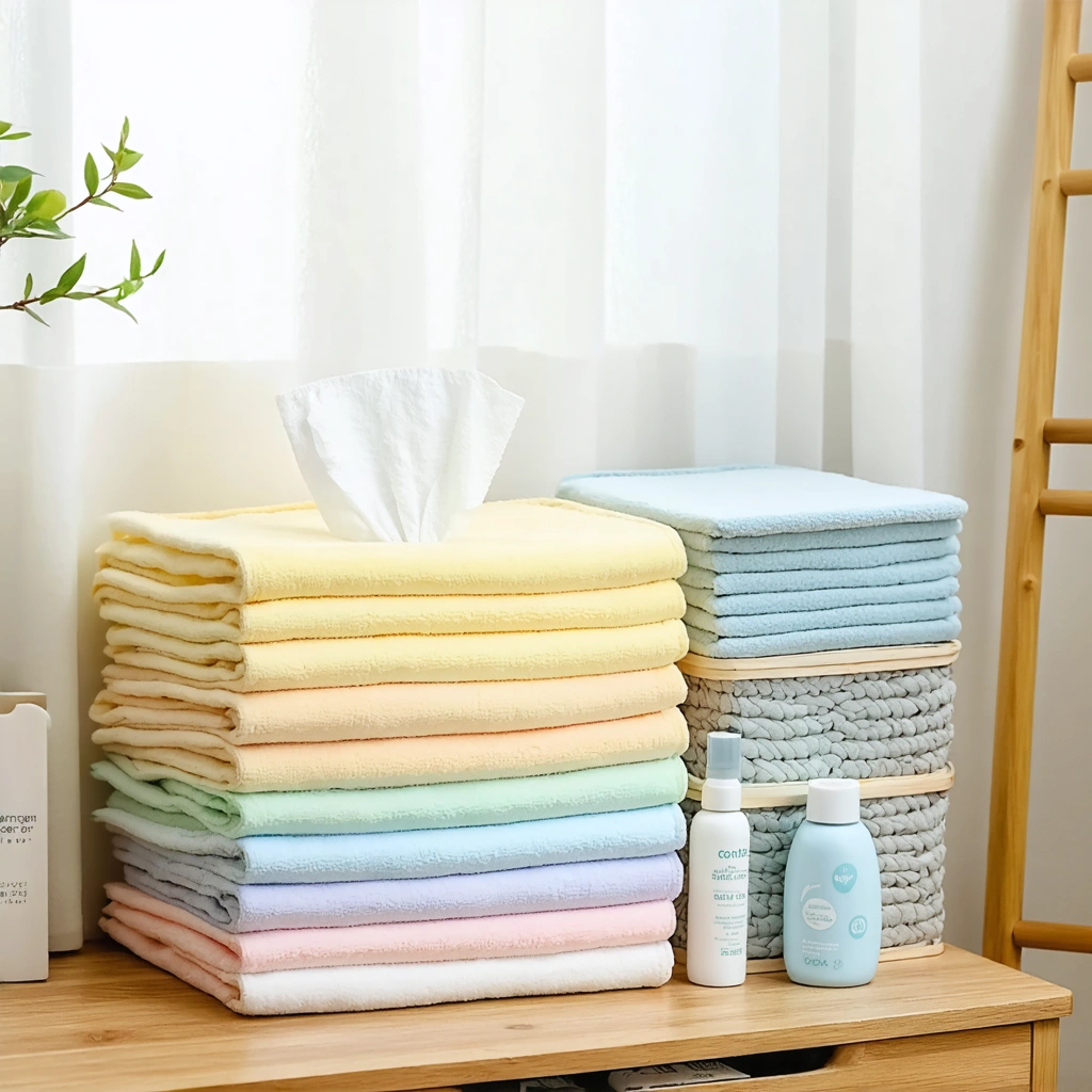 Lingettes lavables pour bébé posées sur une table à langer avec des accessoires écologiques.