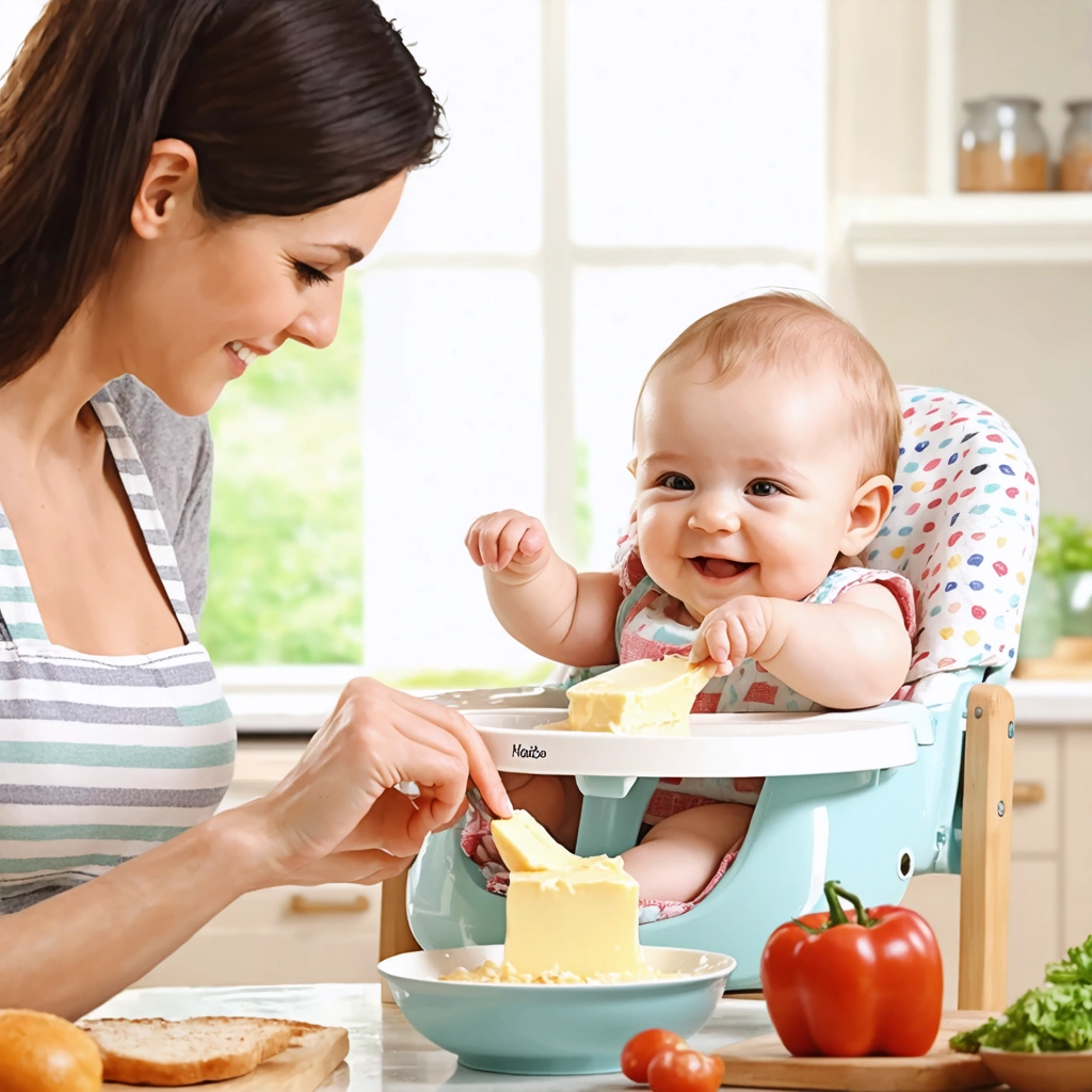 Une mère en train de préparer un repas avec du beurre dans une cuisine, tandis qu'un bébé sourit dans sa chaise haute.