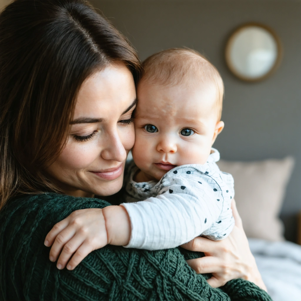 Une maman tient son bébé avec amour dans ses bras, à la maison.