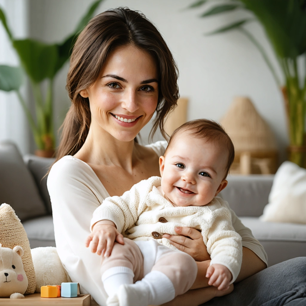 Une mère tenant son bébé souriant dans un salon lumineux et confortable, entourée de jouets et d'objets pour bébé.