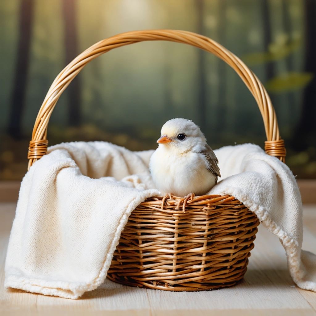 Un nid douillet pour un oiseau avec un petit panier tapissé de tissu moelleux, dans une ambiance chaleureuse et sans présence d'autres animaux domestiques.