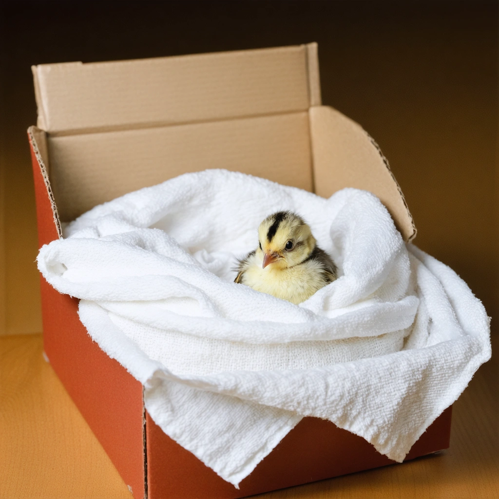 Un nid temporaire pour un oisillon, fait d'une boîte propre tapissée avec un torchon doux, placé dans un environnement chaud et à l'abri des courants d'air, avec une petite bouillotte enveloppée à proximité.