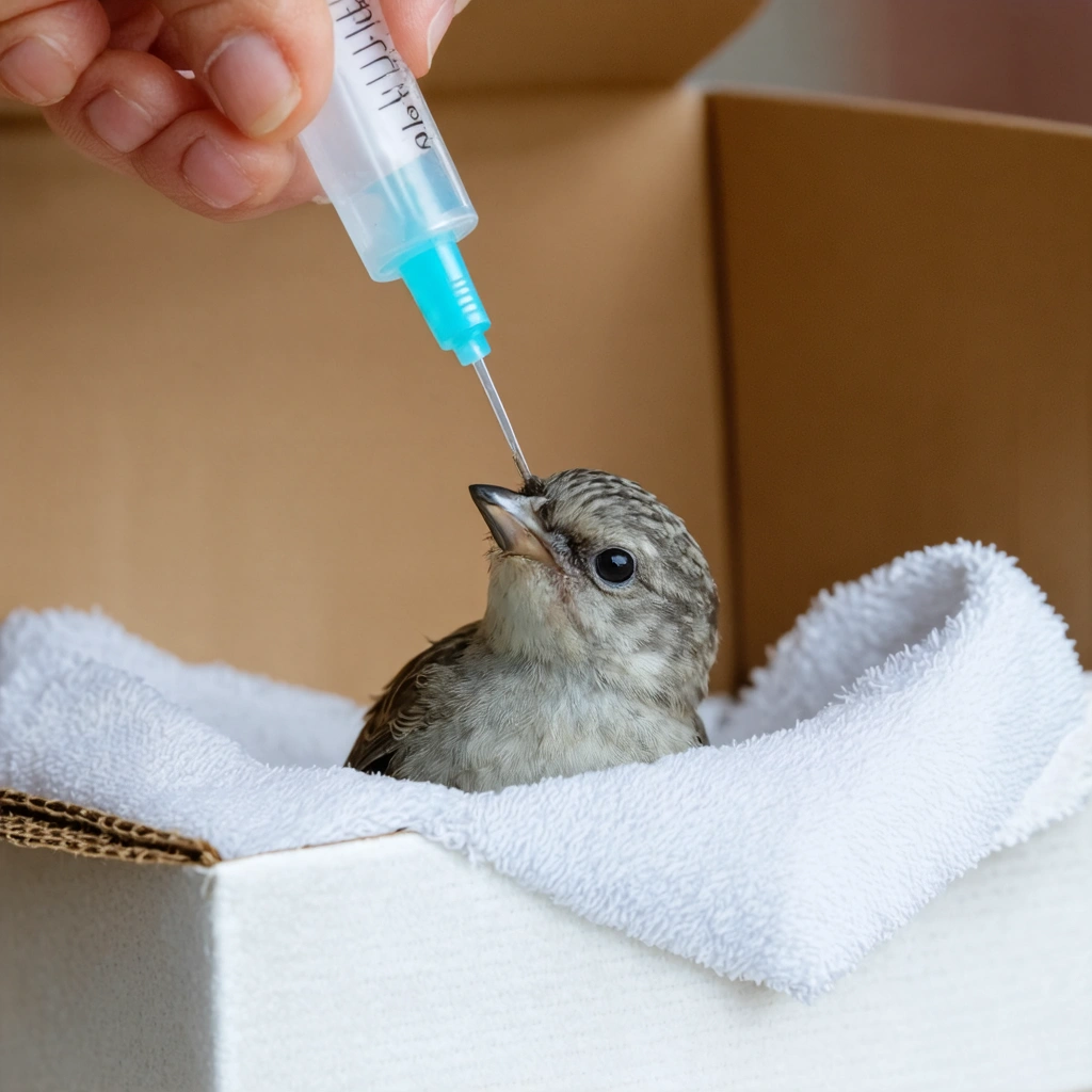 Un bébé oiseau dans un nid improvisé en boîte avec une serviette, nourri à la seringue.