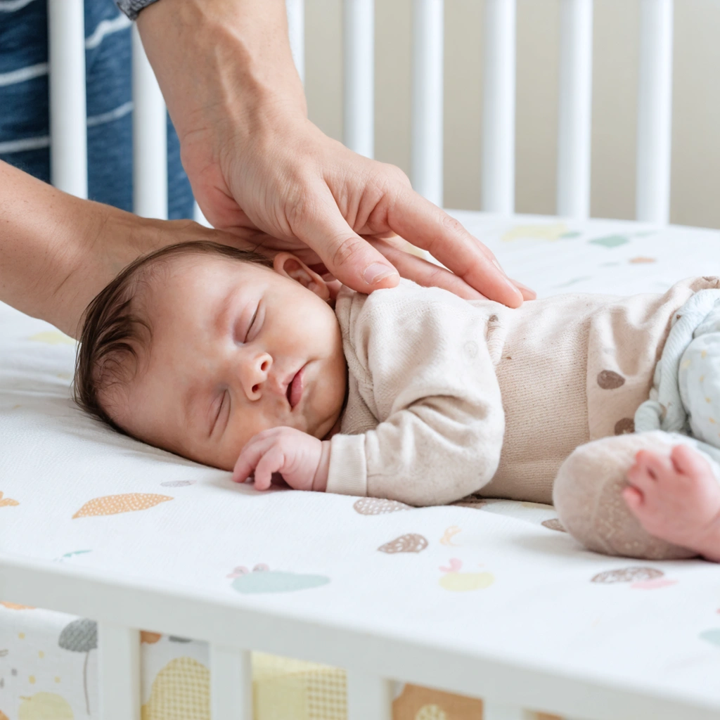 Un parent soulève doucement un bébé endormi de son lit, une main sous la tête et l'autre sous les fesses, dans un environnement apaisant et chaleureux.