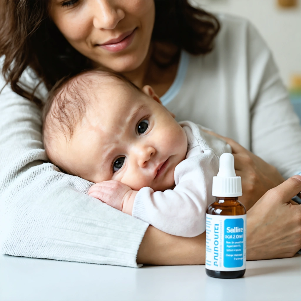 Un parent tenant un bébé avec douceur dans un environnement apaisant, une petite fiole de sérum physiologique posée sur une table à proximité.