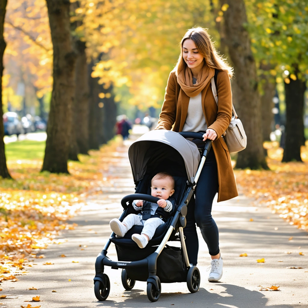 Une jeune mère poussant une poussette avec un bébé à l'intérieur dans un parc ensoleillé avec des arbres aux couleurs automnales.