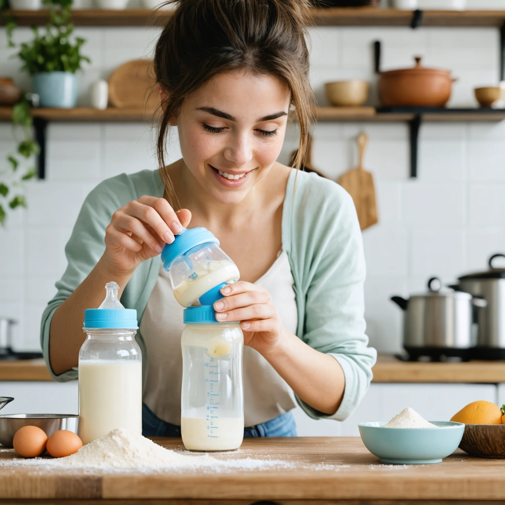 Une jeune maman prépare un biberon avec du lait infantile dans une cuisine chaleureuse.