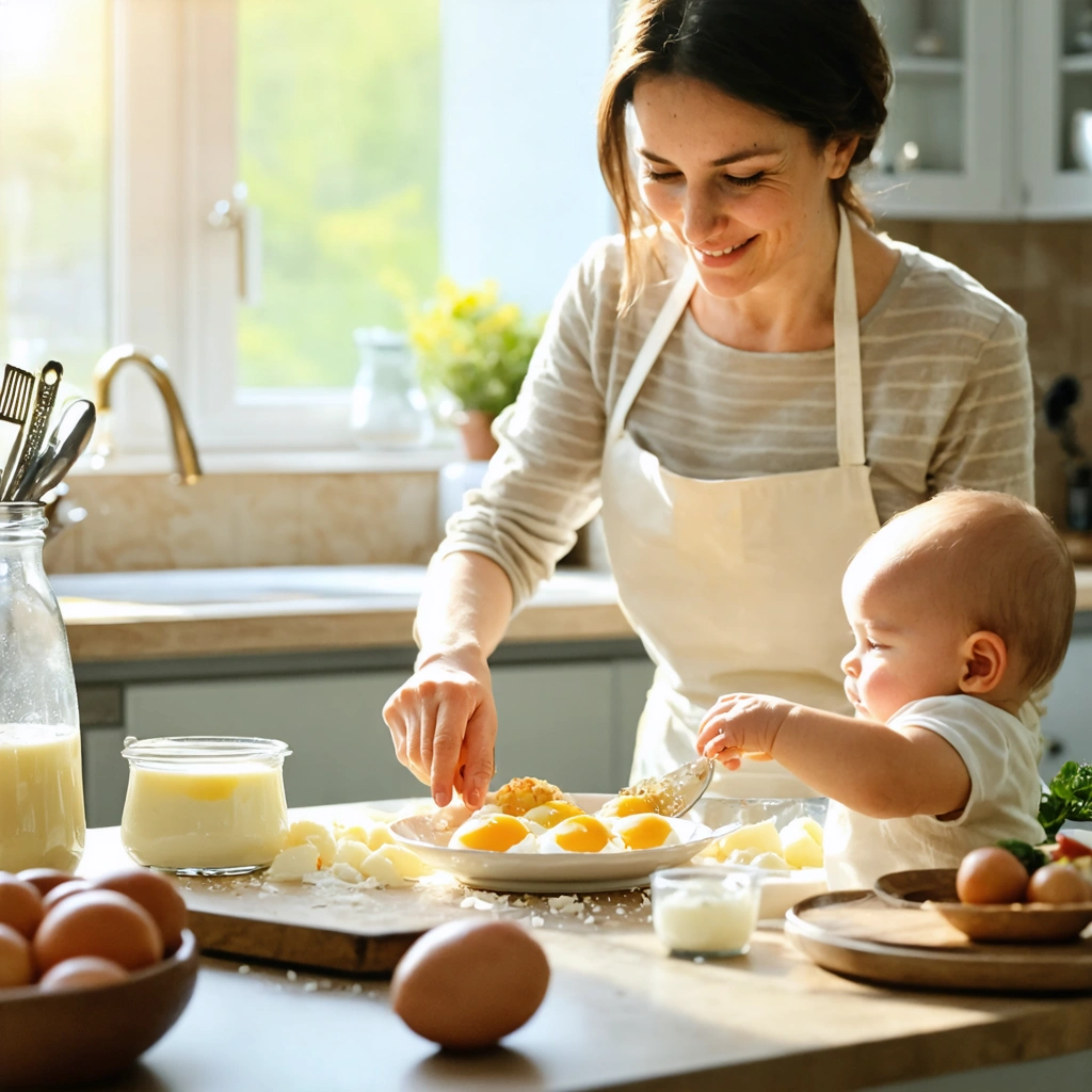 Une maman cuisine des morceaux d'œufs pour son bébé dans une ambiance chaleureuse avec de la lumière naturelle.