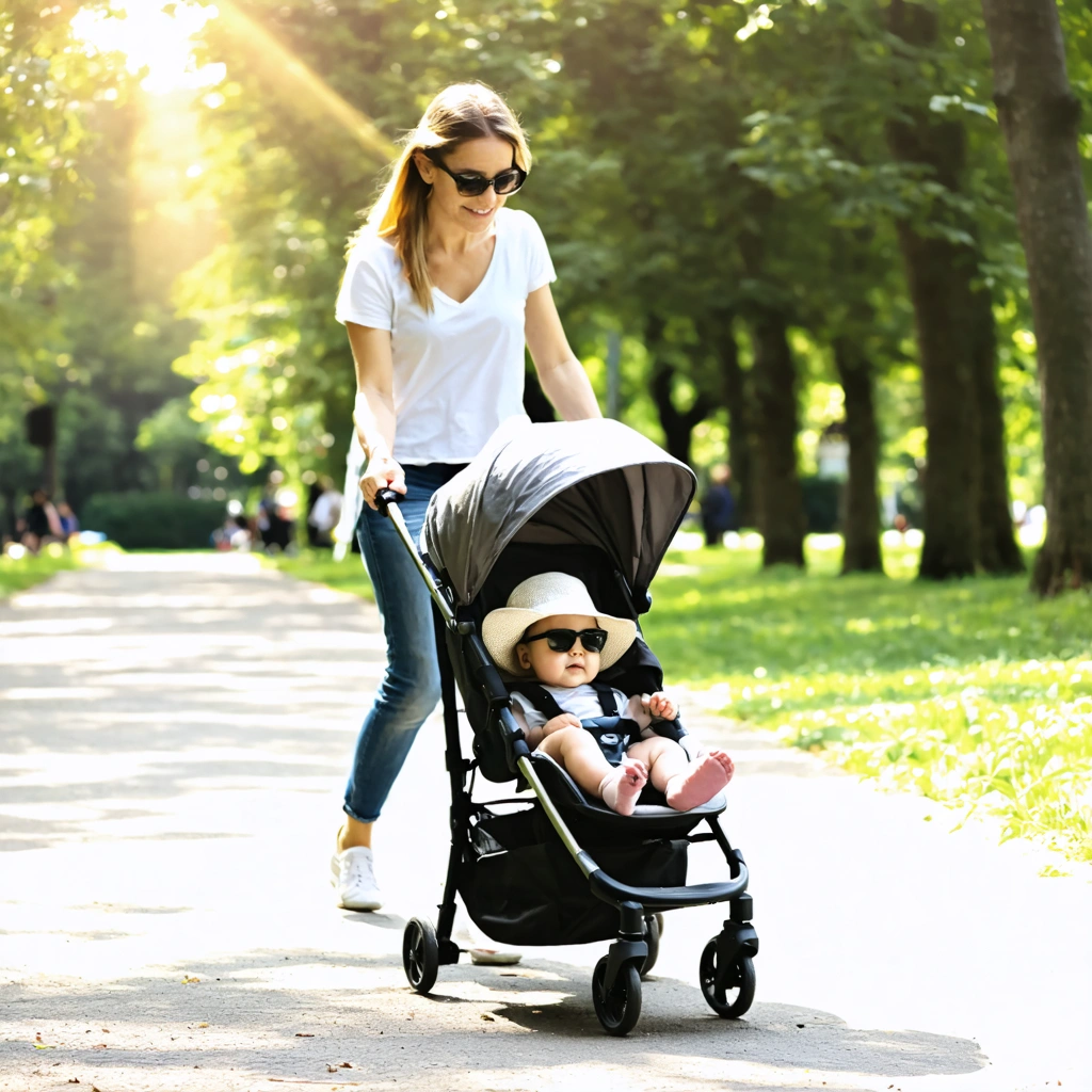 Une promenade dans un parc ensoleillé avec un bébé protégé par une poussette ombragée, un chapeau et des lunettes.