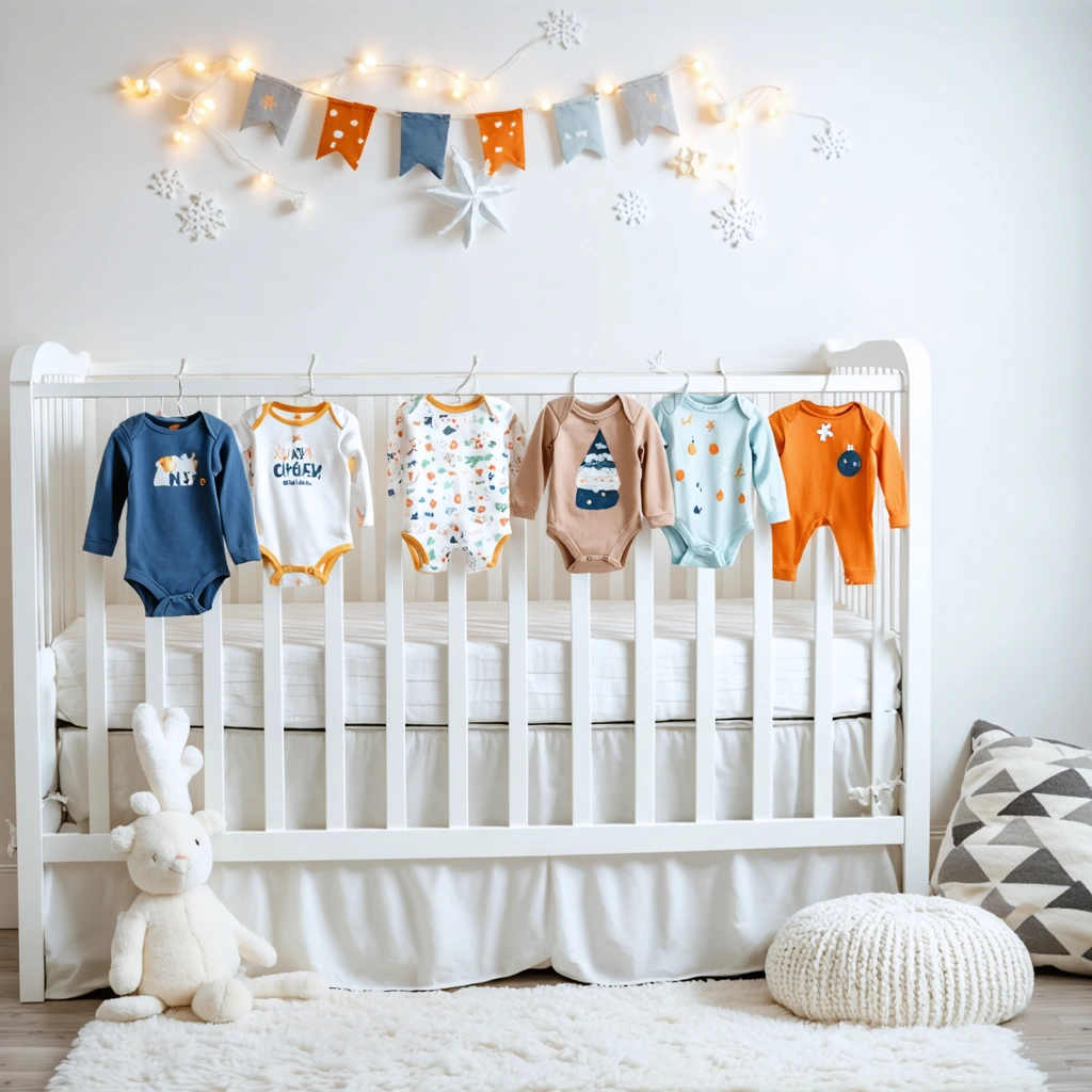 Un sous-pull bébé coloré avec des motifs d'hiver dans une chambre confortable.