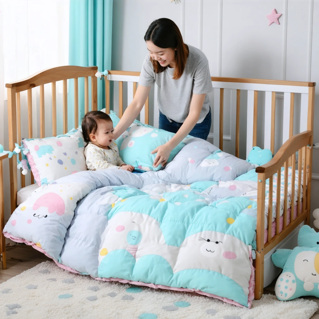 Un lit d'enfant avec une couette colorée dans une chambre chaleureuse et apaisante.