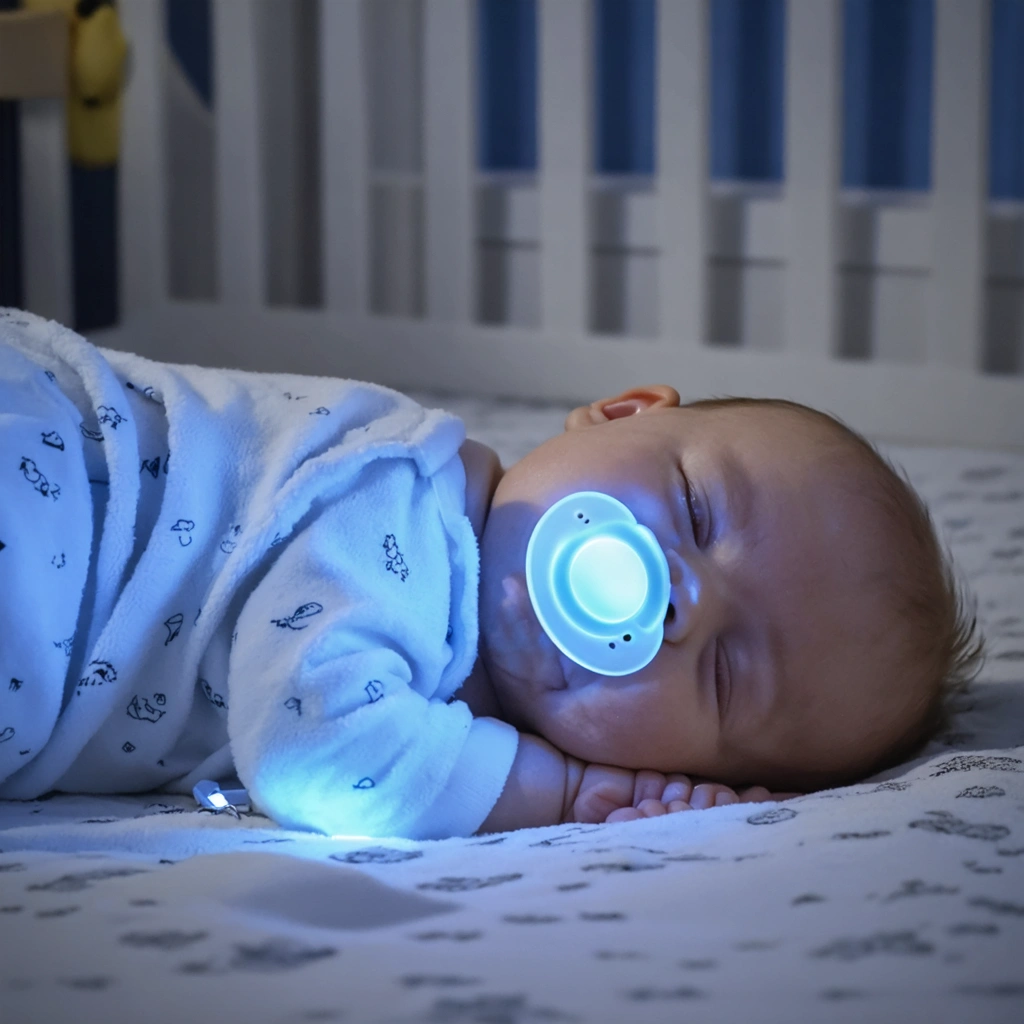 Bébé dormant paisiblement dans un lit avec une attache tétine phosphorescente fixée à son pyjama, montrant une scène rassurante de nuit.