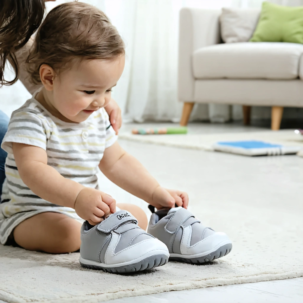 Un bébé aux pieds bombés essaie des chaussures souples et confortables avec l'aide d'un parent dans un intérieur familial chaleureux.