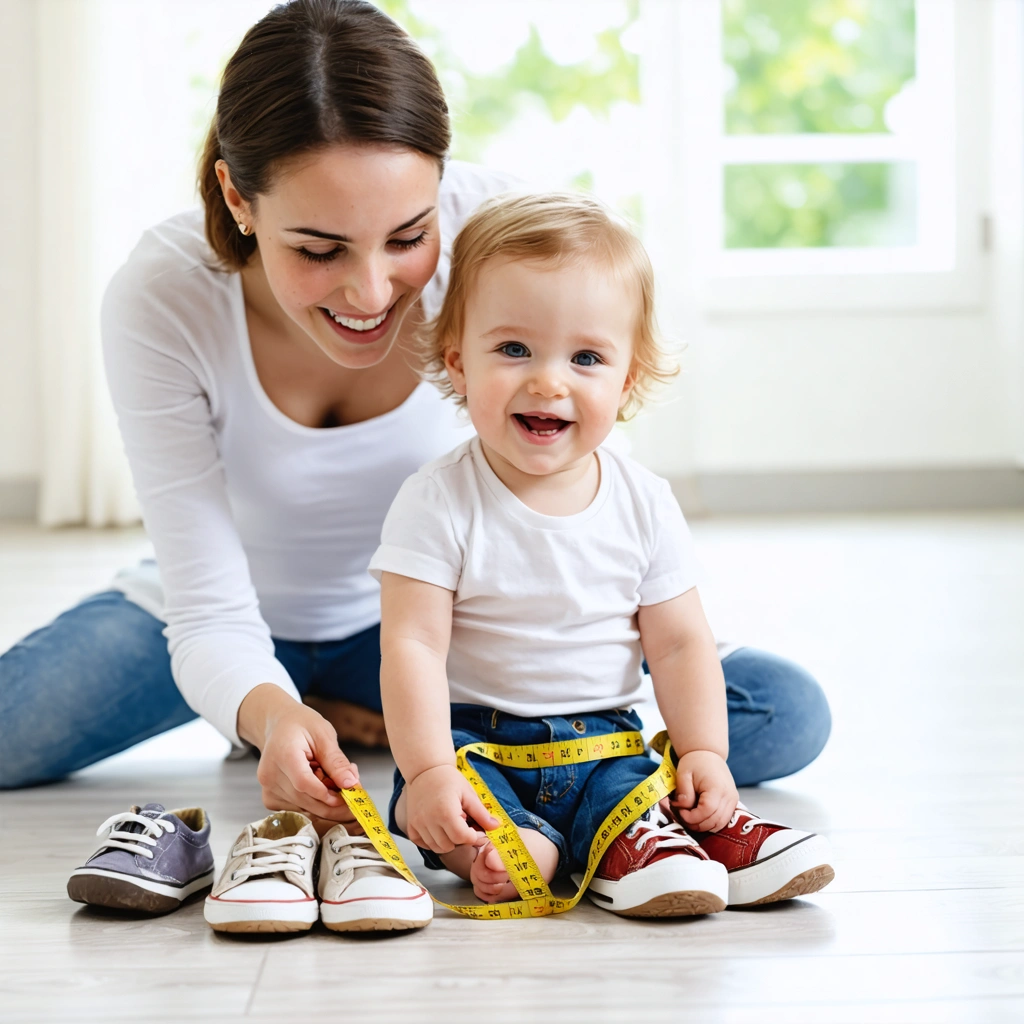 Maman jeune mesurant le pied large de son bébé au sol, avec plusieurs chaussures enfant autour, ambiance chaleureuse et familiale