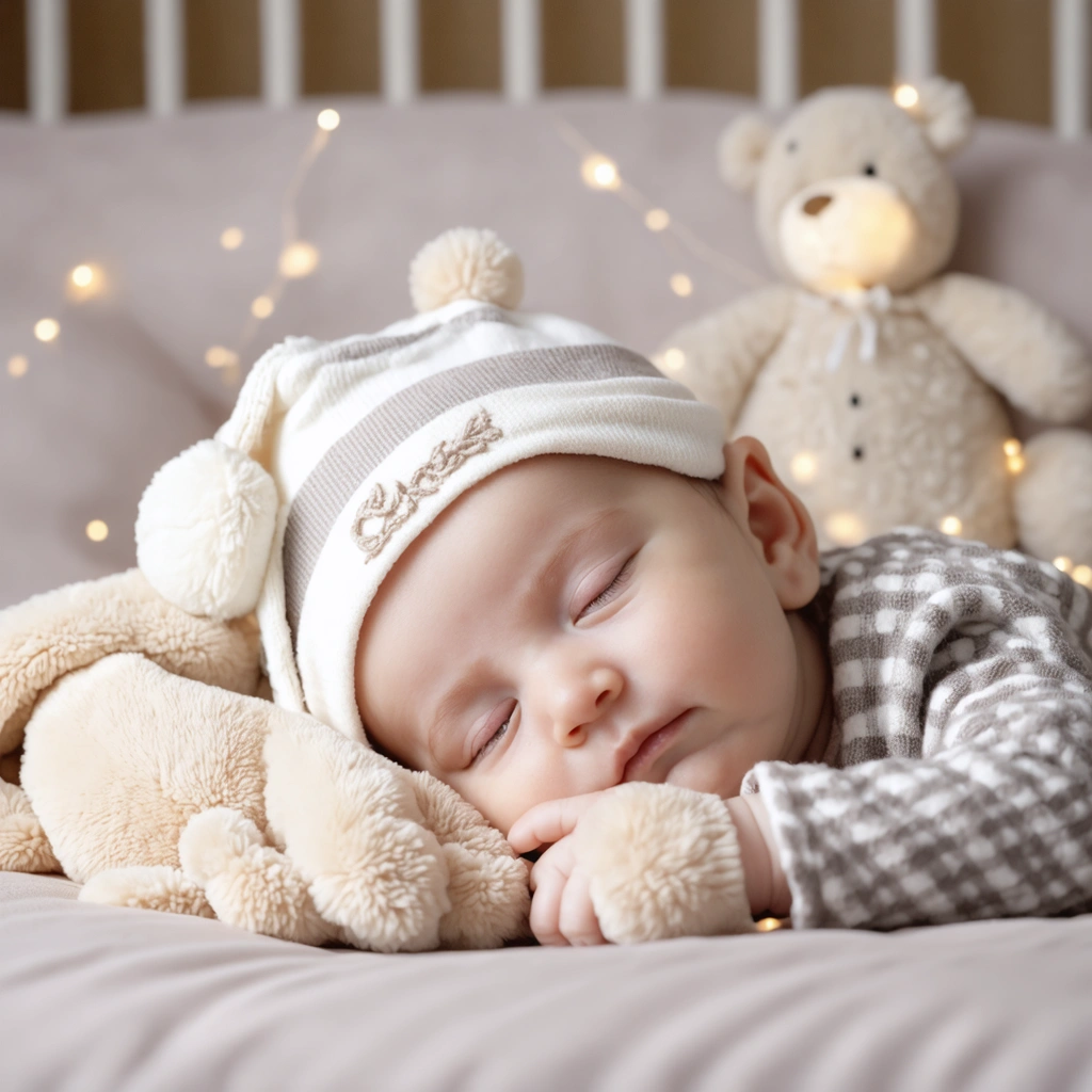Bébé de 2 mois qui dort paisiblement dans son lit avec un doudou posé sur le visage, dans une chambre calme et sécurisée