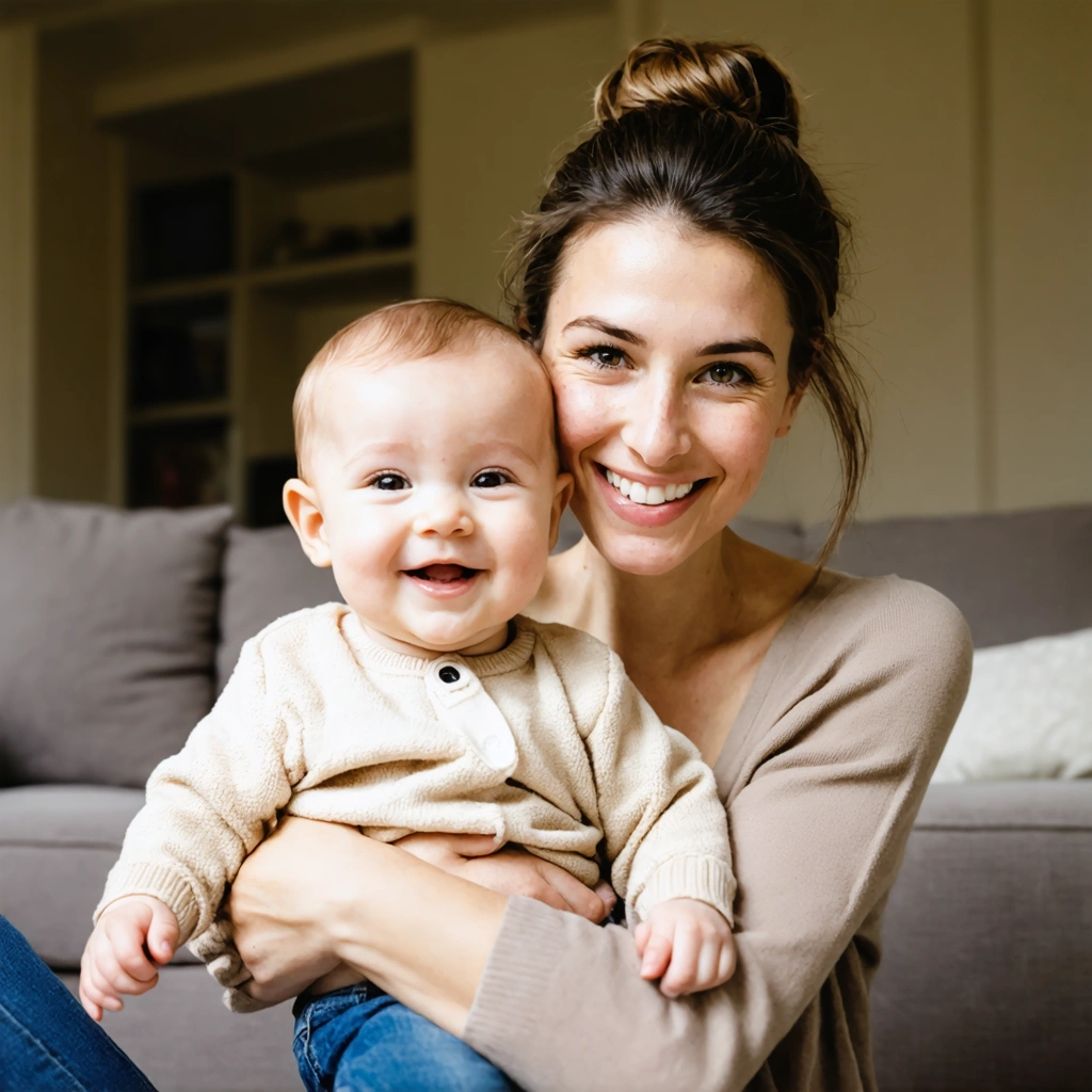 Une jeune maman souriante tient son bébé dans les bras, montrant une petite fossette visible au-dessus des fesses du bébé. Ils sont assis dans un salon lumineux et chaleureux, illustrant une scène tendre du quotidien.