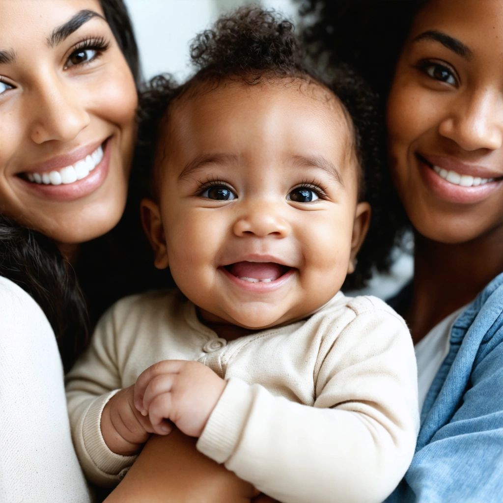 Un bébé métisse souriant dans les bras de ses parents de différentes origines, lumières naturelles, ambiance chaleureuse, teints de peau variés.
