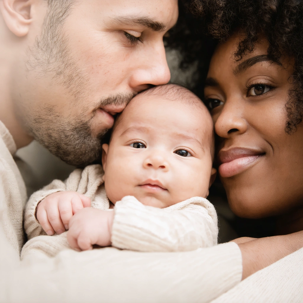 Un bébé métis nouveau-né est allongé paisiblement avec ses deux parents de couleurs de peau différentes. Leur proximité et leur tendresse expriment la diversité et la douceur des premiers instants familiaux, la peau du bébé étant très claire, symbole de l’évolution progressive de sa couleur définitive.