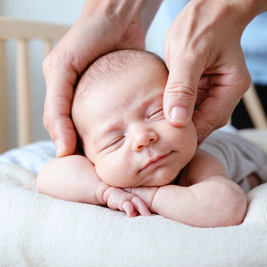 Un bébé nouveau-né dort paisiblement avec une oreille légèrement pliée, pendant que ses parents ajustent doucement son oreille dans une chambre lumineuse.