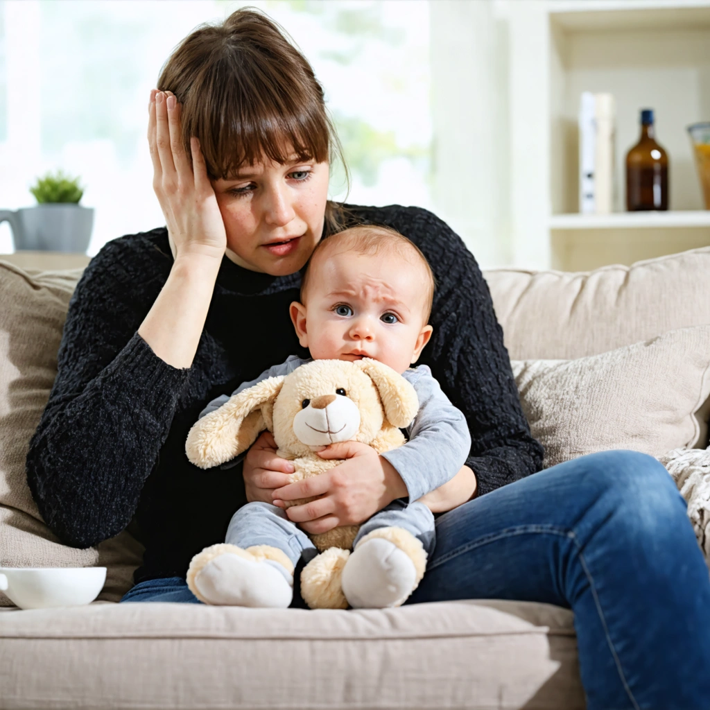Un parent inquiet tient son bébé malade dans les bras, assis dans un salon chaleureux, avec un doudou et des éléments qui évoquent les remèdes maison.