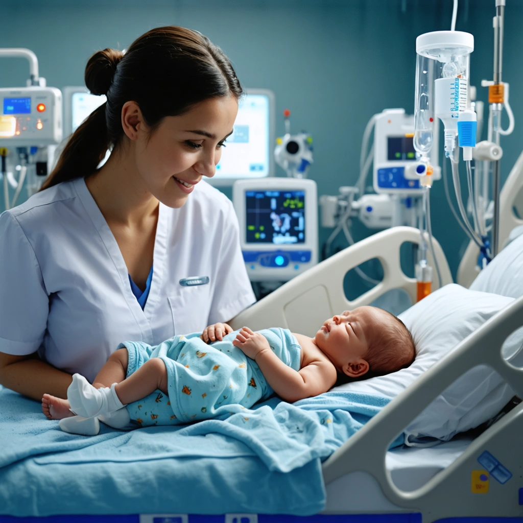Une jeune maman observe son bébé prématuré de 34 semaines, allongé dans une couveuse à l’hôpital, entouré de matériel médical, dans une ambiance douce.