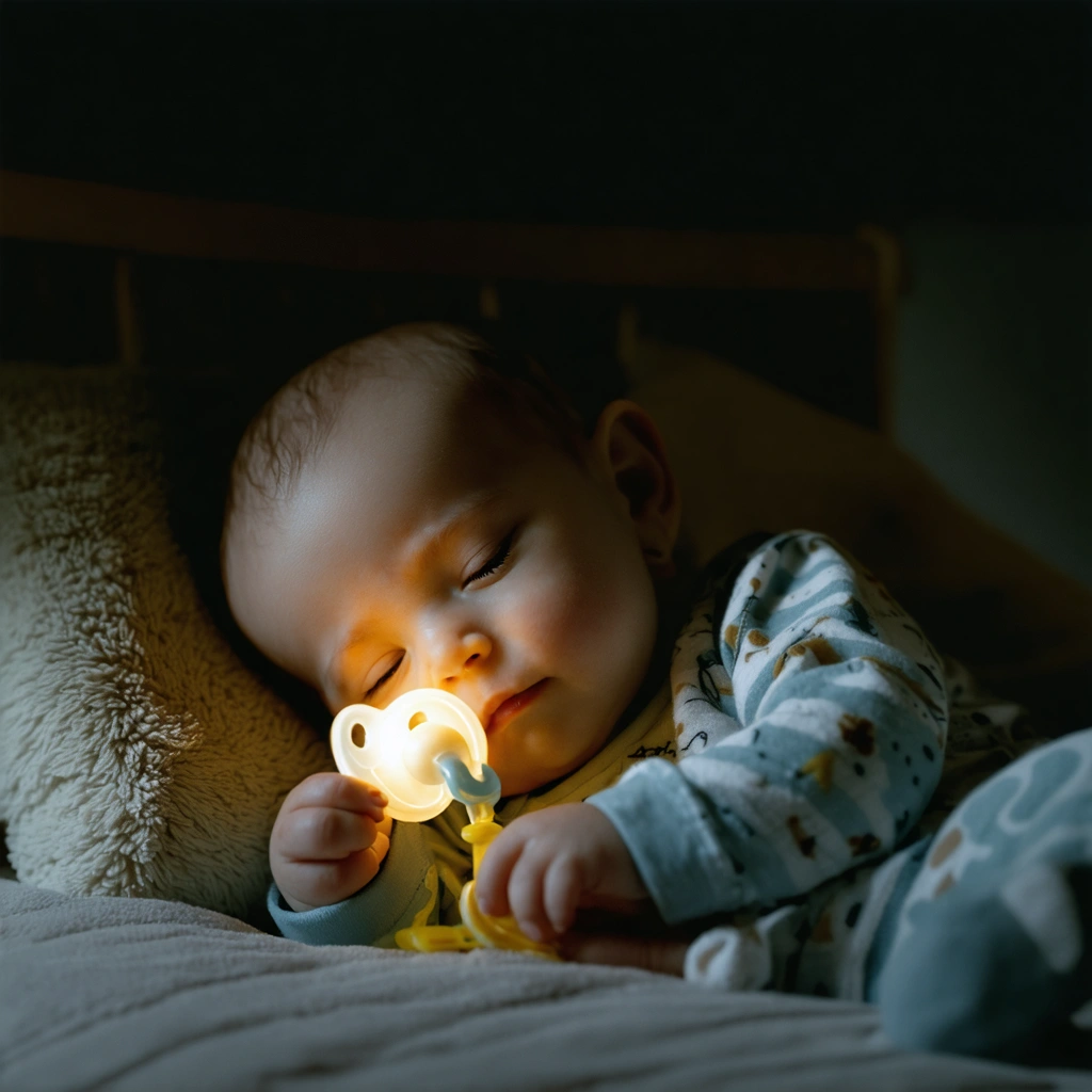 Bébé endormi paisiblement dans son lit, tenant une tétine attachée et phosphorescente qui éclaire légèrement son visage dans l'obscurité.