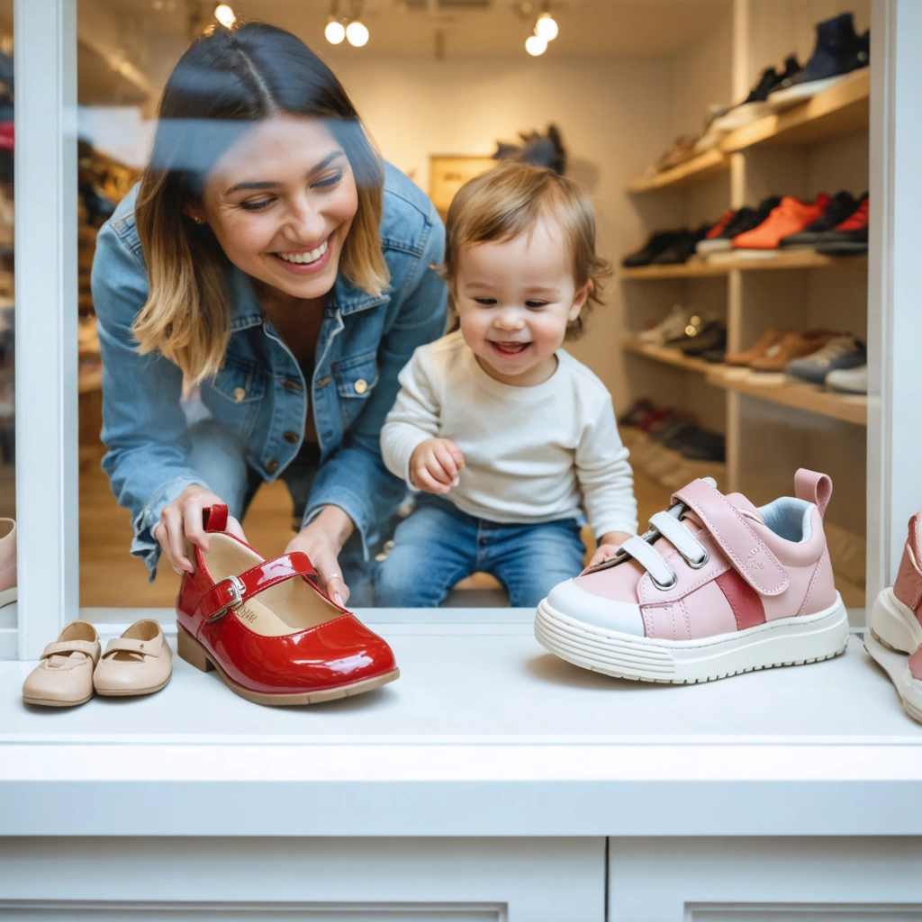 Une mère essaie de mettre une chaussure élégante mais trop étroite à son enfant, tandis qu’un autre enfant porte des chaussures stylées et confortables, dans une boutique de chaussures pour enfants.