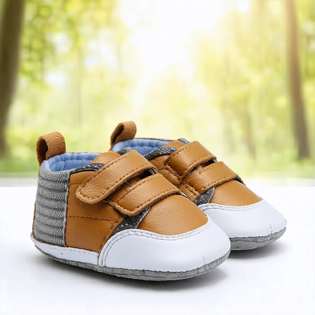 Des chaussons de bébé en cuir et tissu respirant, avec des fermetures astucieuses comme des scratchs et des élastiques, posés sur une surface lumineuse.