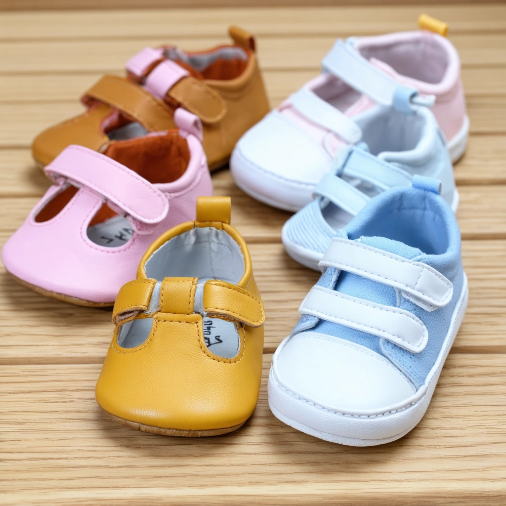 Photo réaliste de plusieurs paires de chaussures pour bébé fille, spéciales pieds fins, de différentes marques et couleurs, alignées sur un sol en bois clair.