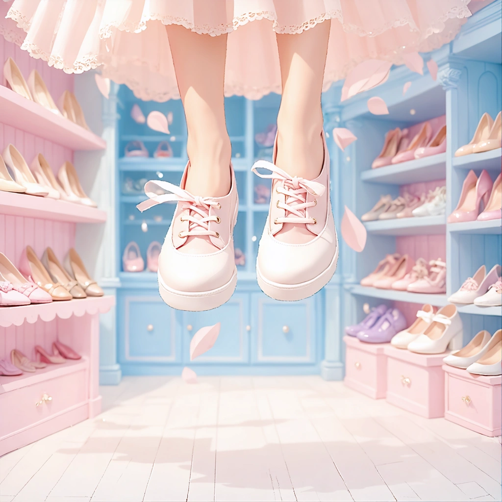 Une scène amusante montrant de petits pieds fins essayant de grandes chaussures trop larges dans un magasin, accentuant la difficulté de trouver des chaussures ajustées.