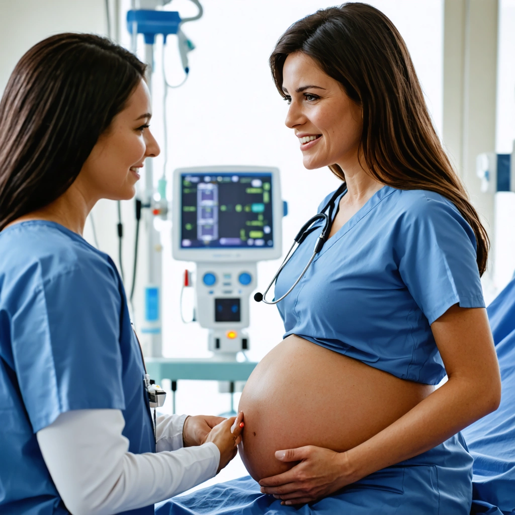 Femme enceinte discutant avec une sage-femme lors d’un décollement des membranes, échangeant des regards empathiques dans une salle de maternité.