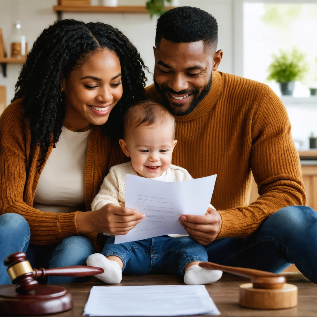 Scène chaleureuse d'une famille lisant une lettre de soutien pour une adoption simple, avec un bébé heureux sur les genoux et une ambiance conviviale à la maison.