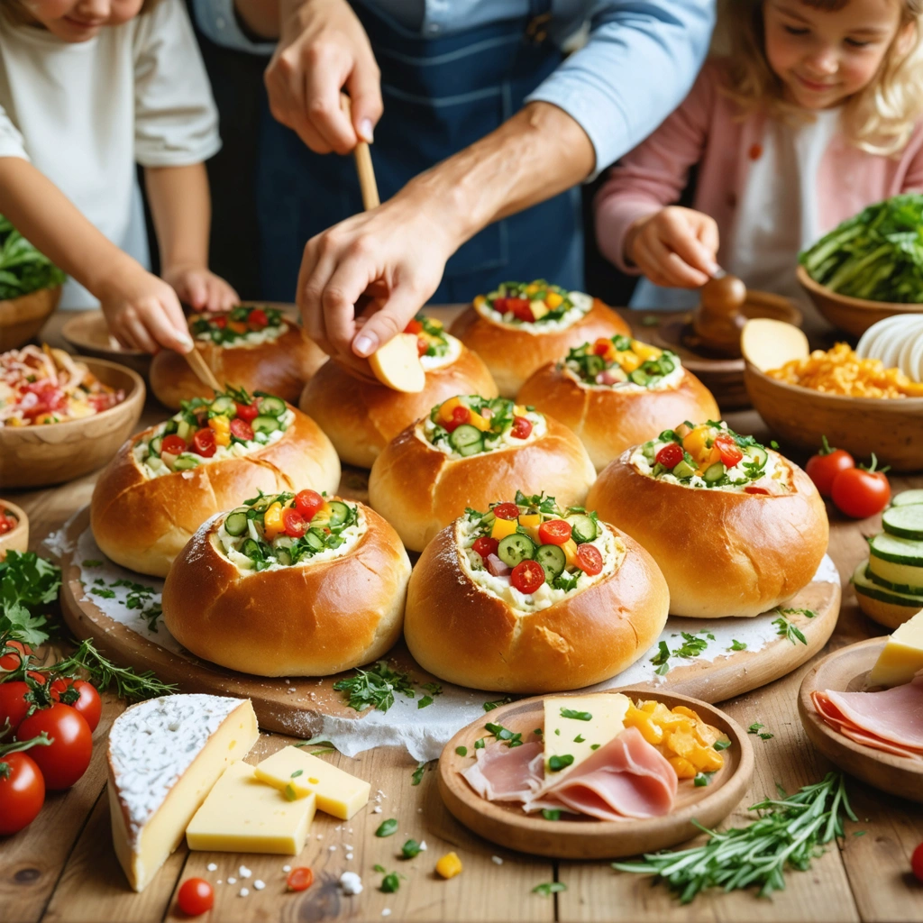 Des enfants et des adultes partagent un repas convivial autour d'une table, garnissant et dégustant des fouées avec différentes garnitures colorées, créant un moment ludique et chaleureux en famille.