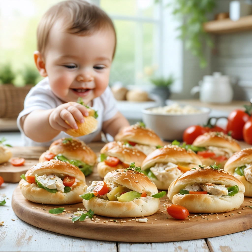 Des petites fouées garnies avec des légumes, du fromage frais et du poulet, disposées sur une table conviviale avec un bébé souriant en arrière-plan, prêt à goûter.