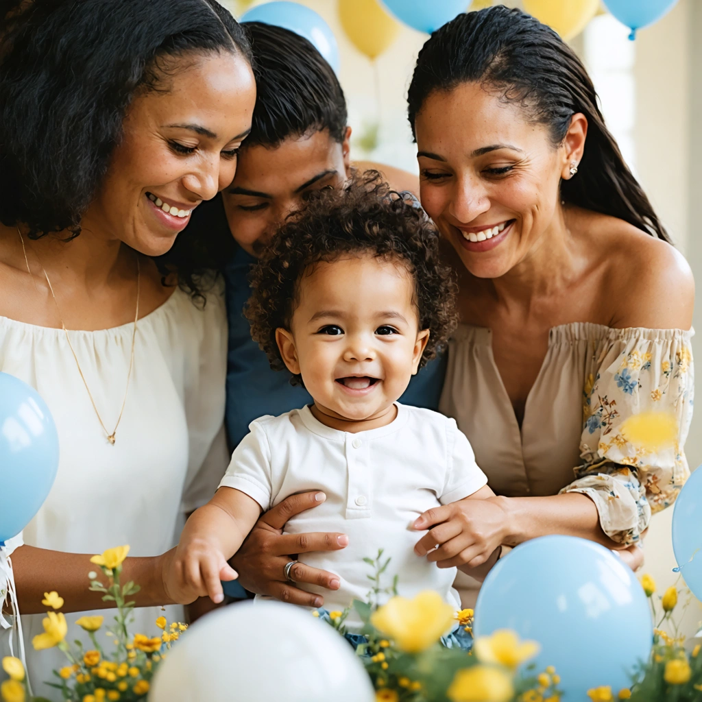 Groupe de parrains et marraines entourant un enfant lors d'une fête, exprimant affection et complicité, ambiance joyeuse et chaleureuse.