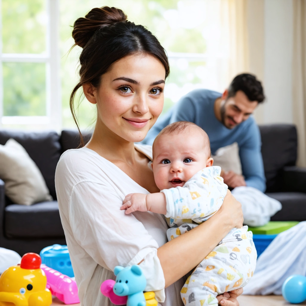 Une jeune maman tient son bébé dans ses bras à la maison, entourée de jouets et de linge, tandis qu'un membre de sa famille l'aide dans une ambiance chaleureuse et réaliste.