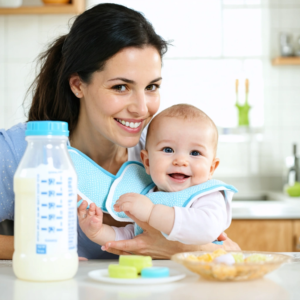 Jeune maman souriante tenant son bébé rassasié avec un bavoir propre, un biberon posé à côté, dans une cuisine chaleureuse et lumineuse.