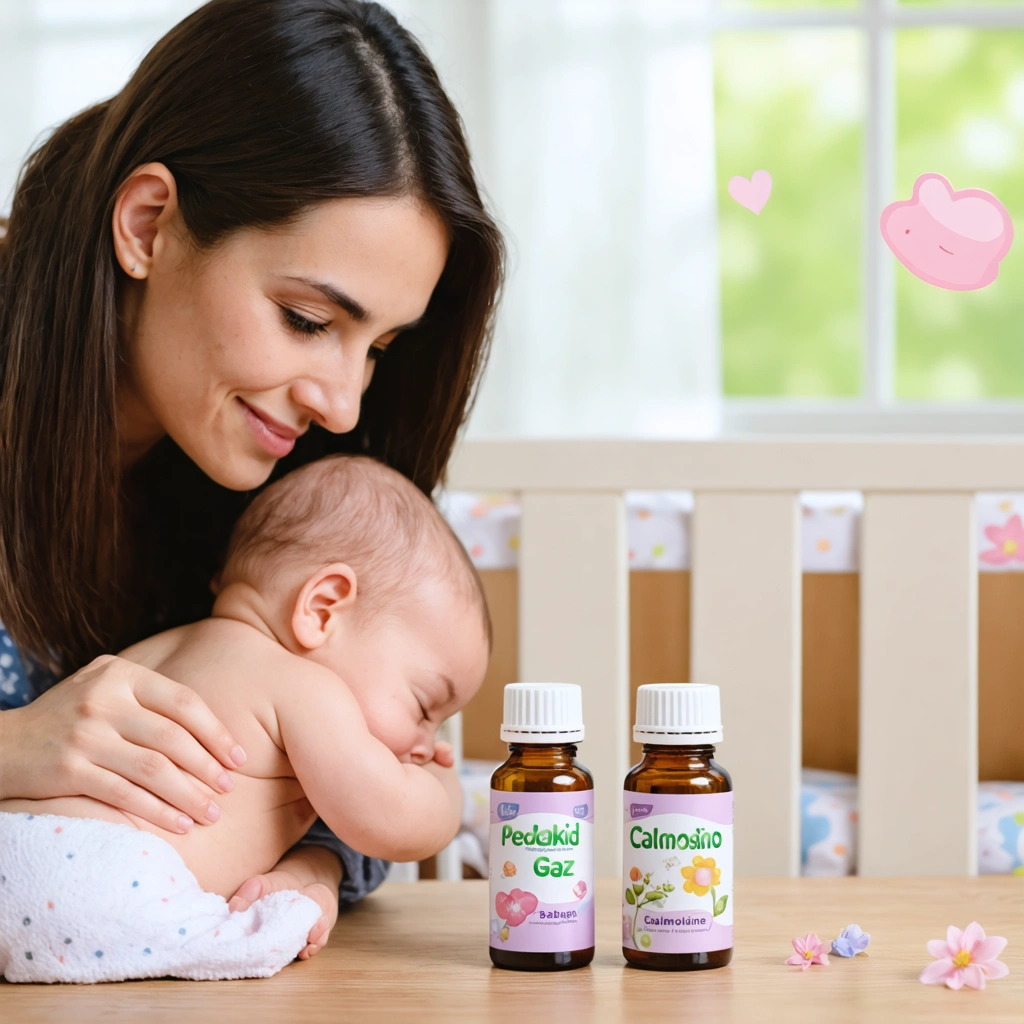 Jeune maman massant le ventre de son bébé pour soulager les coliques, avec Pediakid Gaz et Calmosine posés sur une table à côté, dans une chambre de bébé calme.