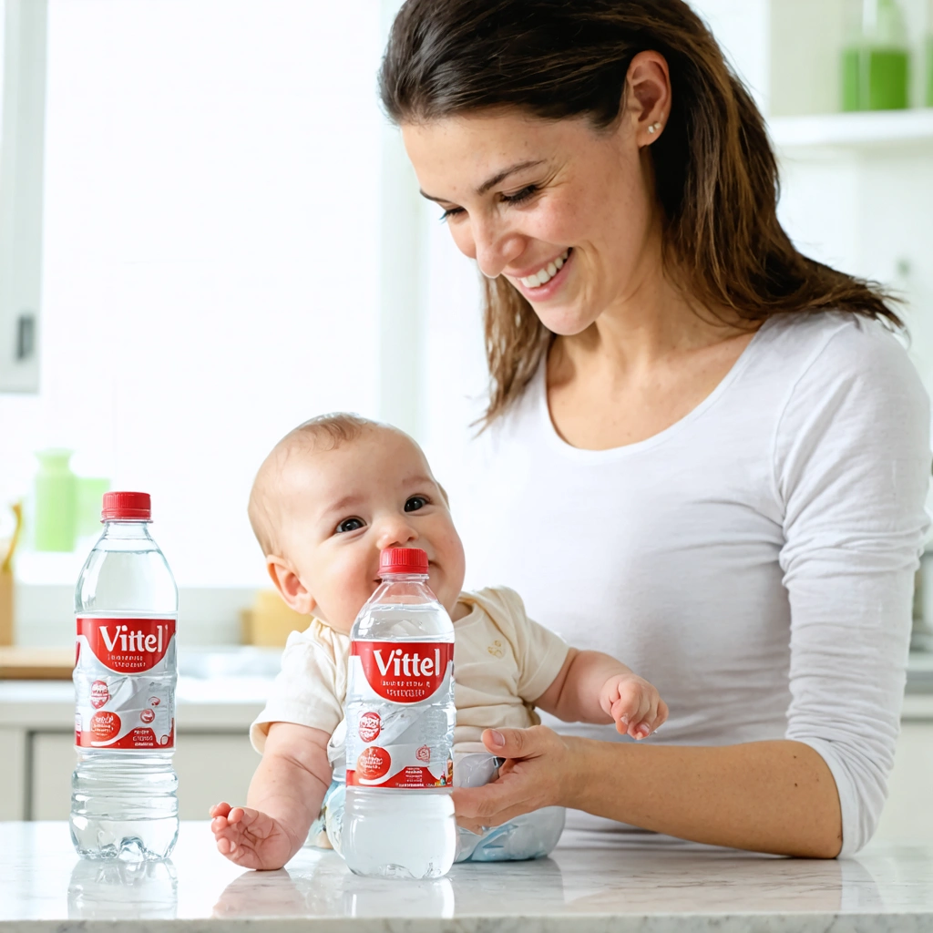 Une jeune maman préparant un biberon avec de l’eau Vittel pour son bébé dans une cuisine moderne, ambiance joyeuse et lumière naturelle.