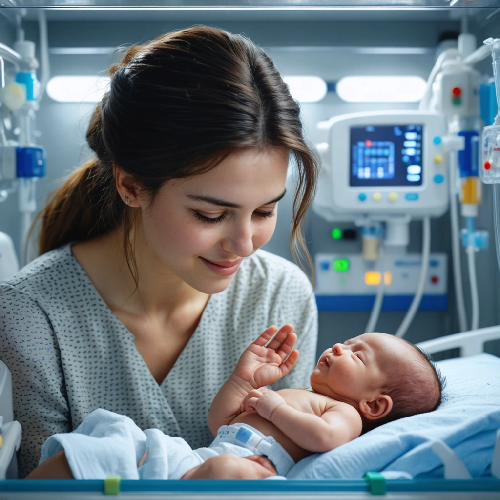Jeune maman touchant la main de son bébé prématuré dans une couveuse à l’hôpital, entourée de matériel de néonatologie et du personnel médical.