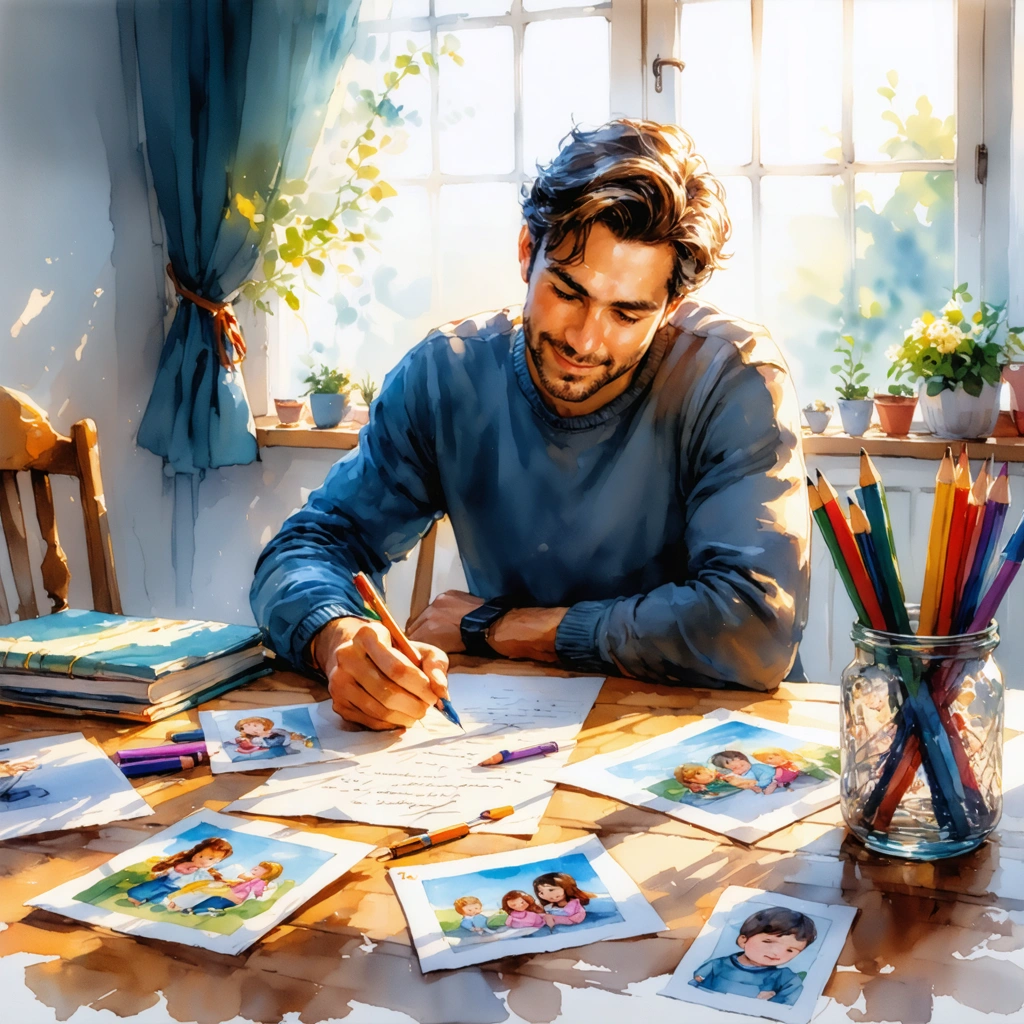 Un parent écrit une lettre dans une ambiance chaleureuse à la maison, entouré de photos de famille et de dessins, illustrant un foyer aimant et bienveillant.