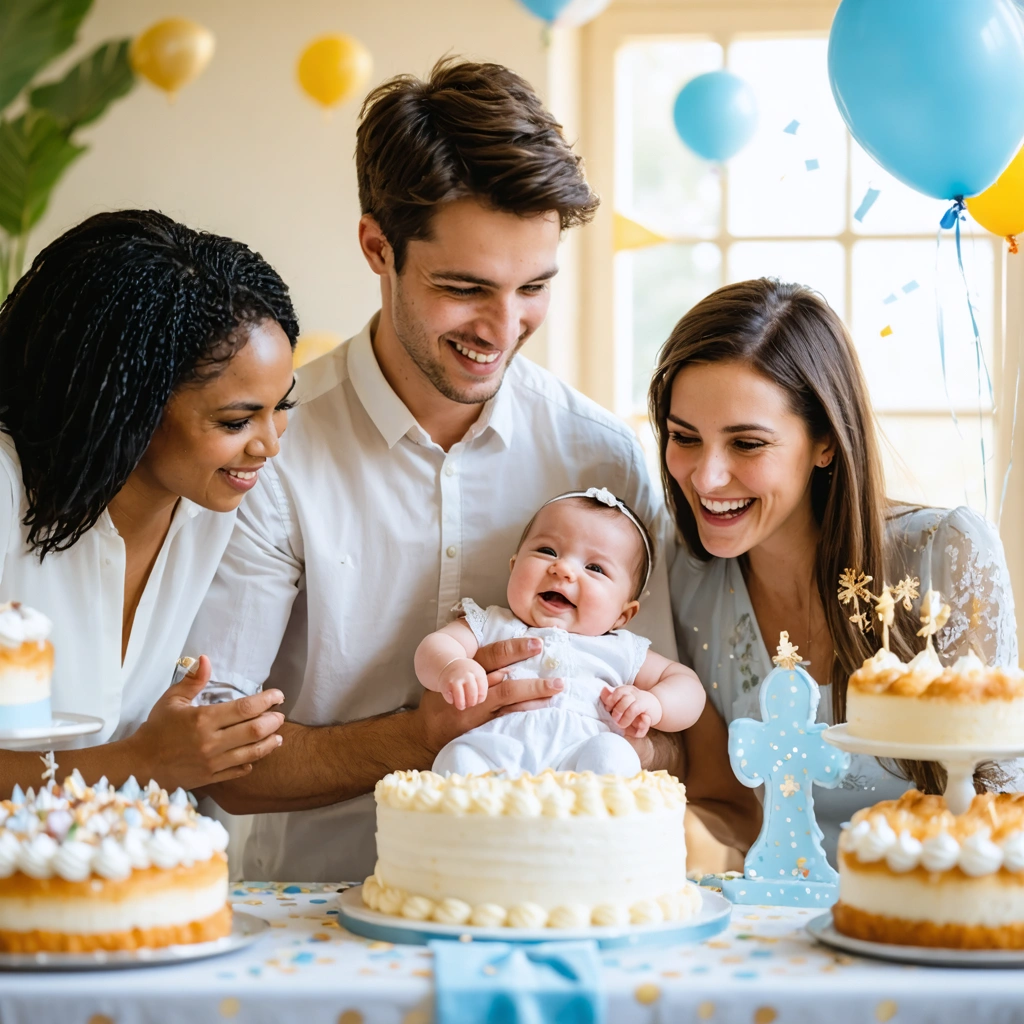 Un parrain non baptisé souriant tient un bébé entouré de parents et d’invités lors d’une cérémonie conviviale, sans symboles religieux, dans une ambiance festive et chaleureuse.