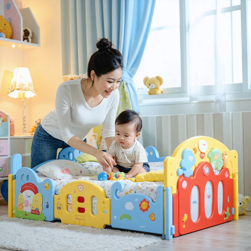Un jeune enfant explore un grand lit coloré avec barrières de sécurité, accompagné de sa maman qui le rassure dans une chambre chaleureuse.
