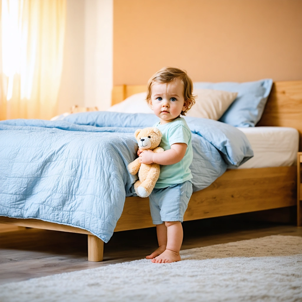 Un jeune enfant debout à côté d’un grand lit, l’air hésitant et tenant un doudou dans une chambre chaleureuse, illustrant la transition du lit à barreaux au lit de grand.