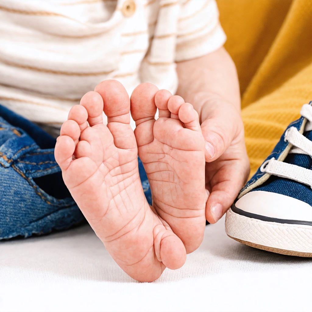 Illustration d’un pied large de bébé examiné doucement par un adulte, avec des chaussures d’enfants autour dont certaines sont trop étroites.