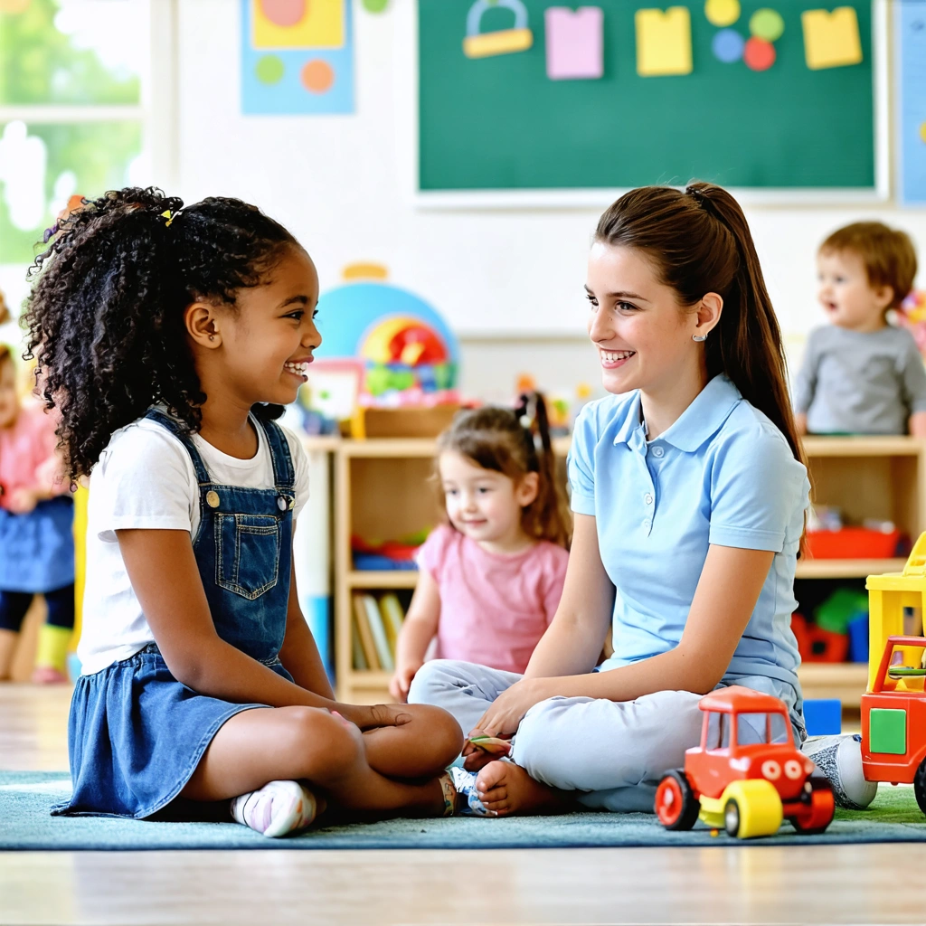 Une maman assise en train de discuter avec la maîtresse dans une classe maternelle chaleureuse, des enfants jouant au second plan.